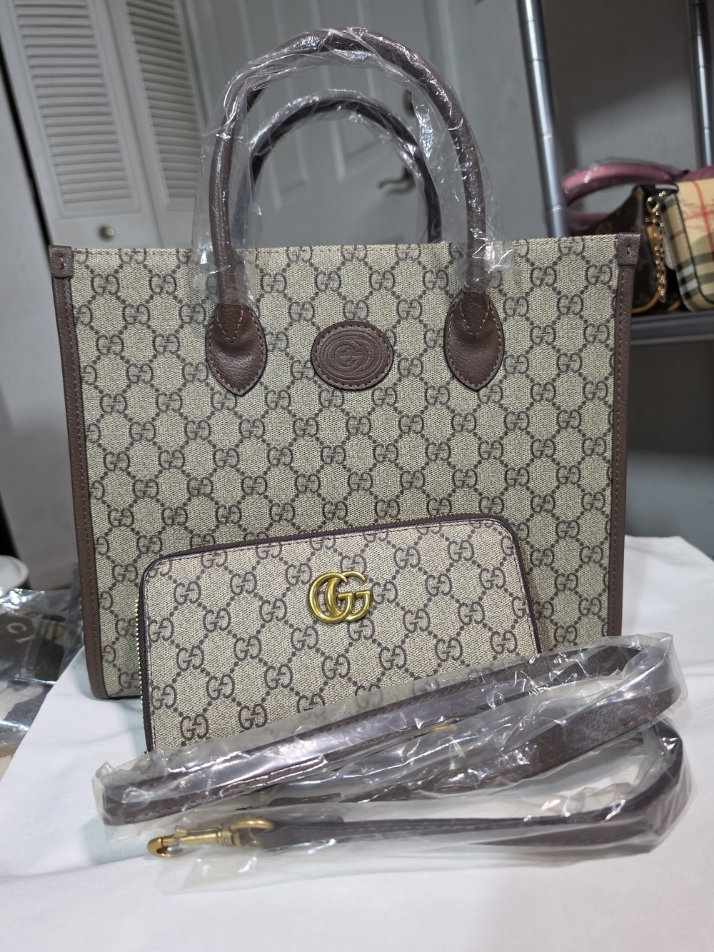Beige and Brown  Monogram Tote with Wallet and Strap